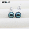 8mm Peacock Green Black Perfect Round Freshwater Pearl Stud Earrings, AAAA top quality, 925sterling silver