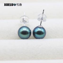 8mm Peacock Green Black Perfect Round Freshwater Pearl Stud Earrings, AAAA top quality, 925sterling silver
