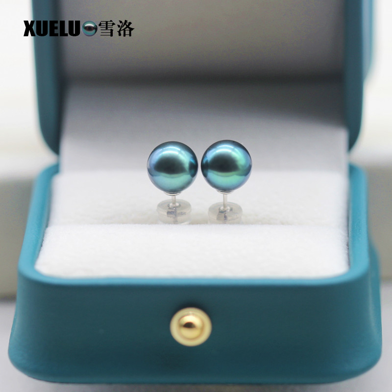 8mm Peacock Green Black Perfect Round Freshwater Pearl Stud Earrings, AAAA top quality, 925sterling silver