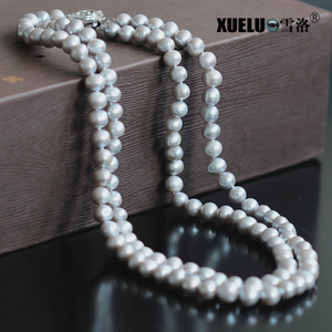 7-8mm Grey Round Freshwater Pearl Necklace, AA, silver plated
