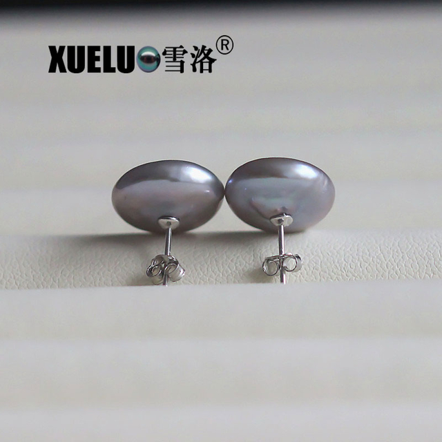 14-15mm Grey Baroque Freshwater Pearl Stud Earrings, AAA, 925sterling silver