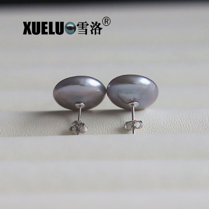 14-15mm Grey Baroque Freshwater Pearl Stud Earrings, AAA, 925sterling silver
