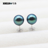 8mm Peacock Green Black Perfect Round Freshwater Pearl Stud Earrings, AAAA top quality, 925sterling silver