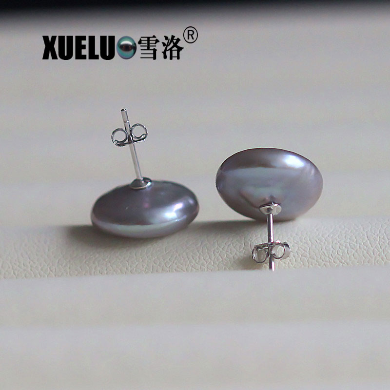 14-15mm Grey Baroque Freshwater Pearl Stud Earrings, AAA, 925sterling silver