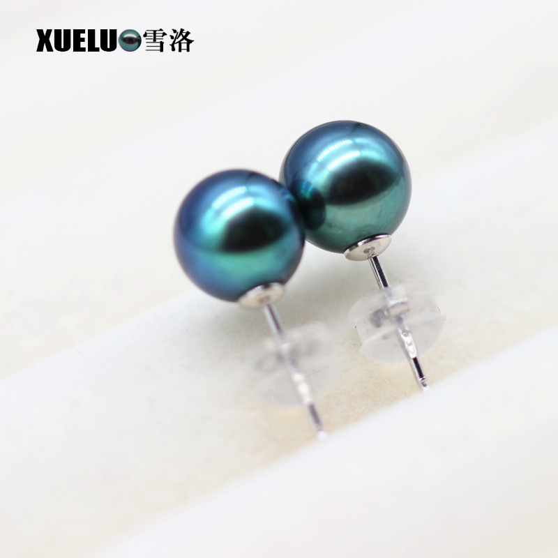 8mm Peacock Green Black Perfect Round Freshwater Pearl Stud Earrings, AAAA top quality, 925sterling silver