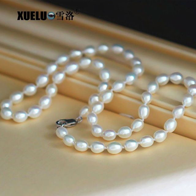 5-6mm/8-9mm White Rice Freshwater Pearl Necklace, AAA, 925sterling silver