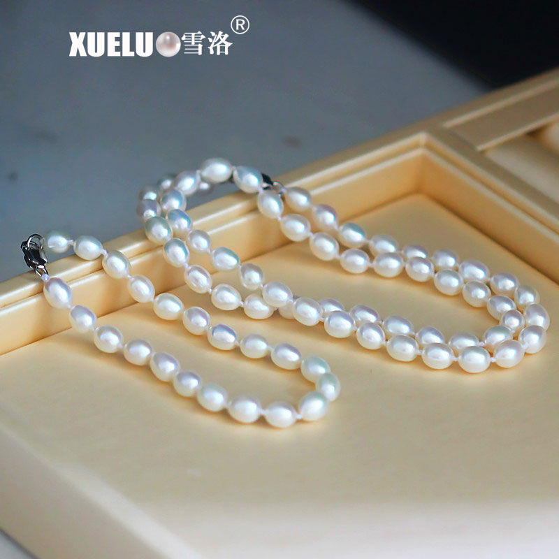 5-6mm/8-9mm White Rice Freshwater Pearl Necklace, AAA, 925sterling silver