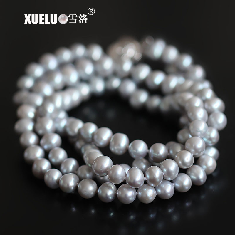 7-8mm Grey Round Freshwater Pearl Necklace, AA, silver plated