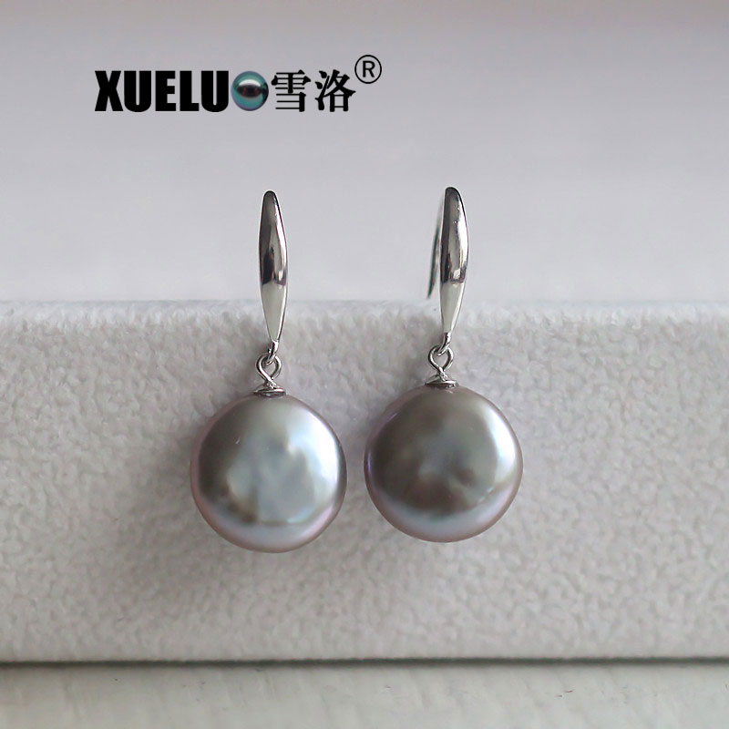 14-15mm Grey Coin Freshwater Pearl Stud Earrings, AAA, 925sterling silver