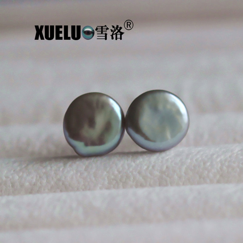 14-15mm Grey Baroque Freshwater Pearl Stud Earrings, AAA, 925sterling silver