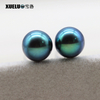 8mm Peacock Green Black Perfect Round Freshwater Pearl Stud Earrings, AAAA top quality, 925sterling silver