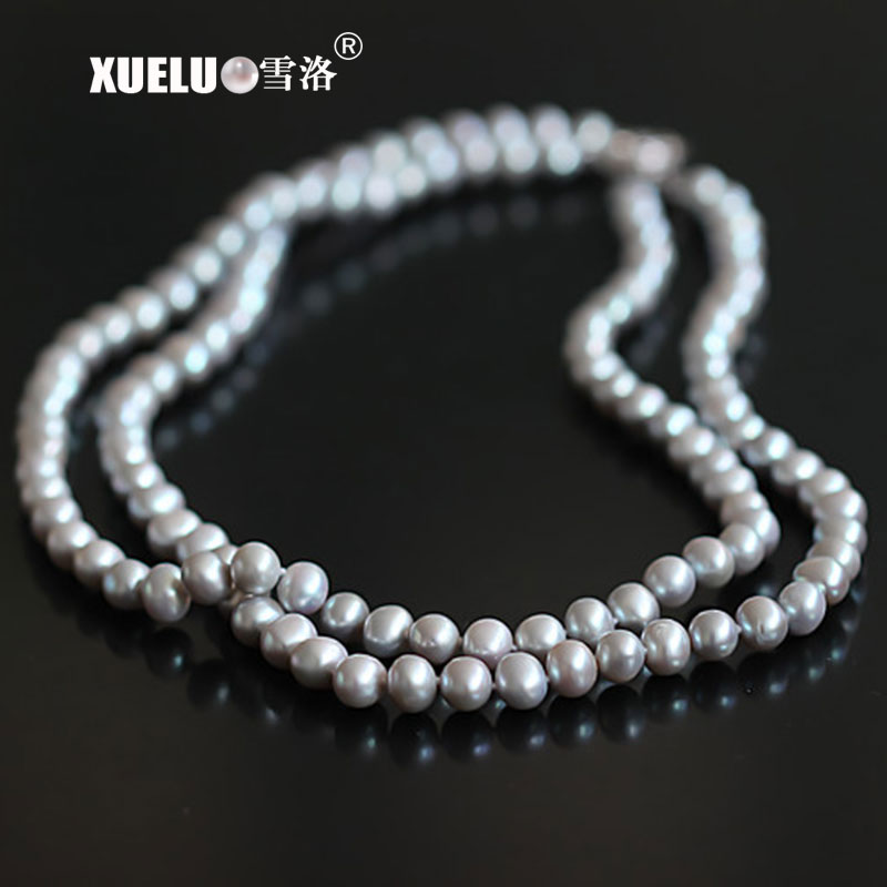 7-8mm Grey Round Freshwater Pearl Necklace, AA, silver plated